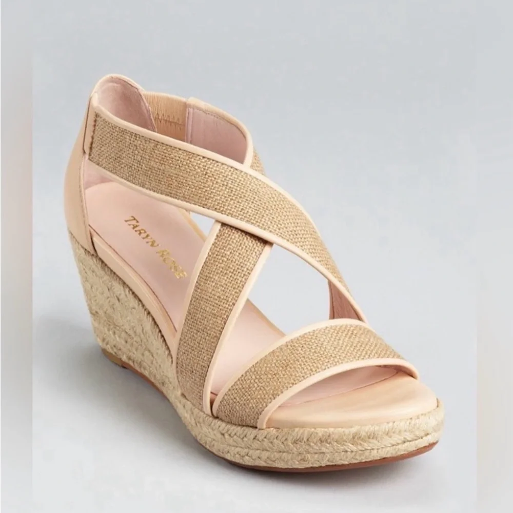 NEW $219~TARYN ROSE~KRISSY Linen/Leather Espadrille Platform Wedge Sandals~7/7.5